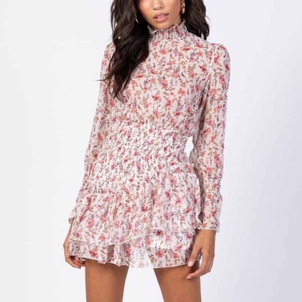 NWT Princess Polly Guetta Mini Dress White Pink Floral Rusch Waist Womens Size 6